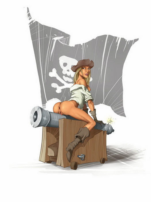 голая пиратка сидит верхом на пушке