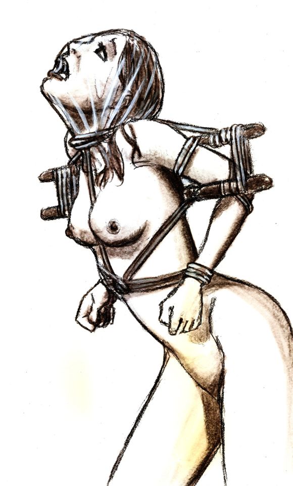 рисунок голой женщины завязанной в колодках с полиэтиленовым пакетом на голове