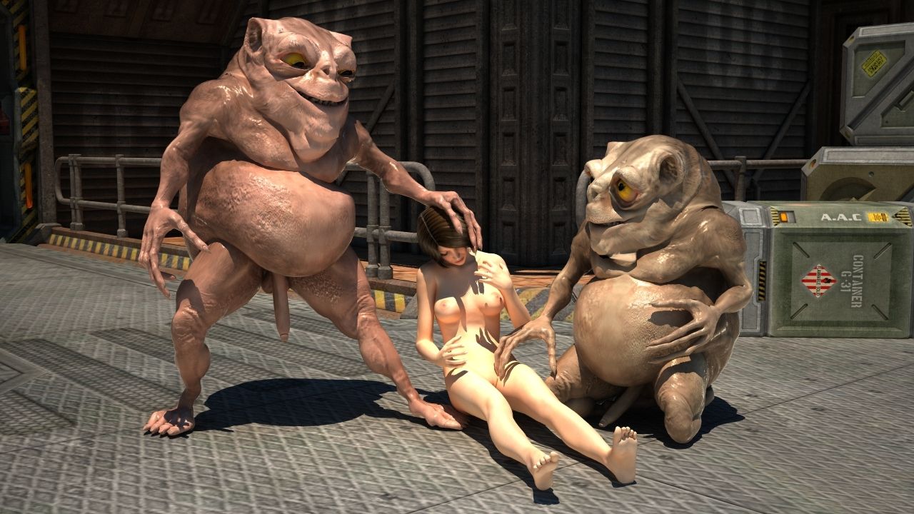 порно с монстрами, два огромных жабообразных монстра гладят голую девушку по головке после натягивания