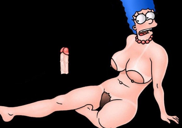 Симпсоны эротика, голая Мардж Симпсон с небритым лобком с опаской смотрит на вставший пенис своего сына Барта