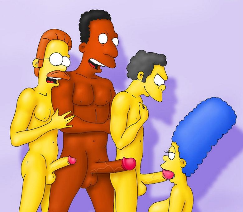 Симпсоны эротика, персонажи мультсериала Симпсоны стоят в очередь к делающей им минеты Мардж Симпсон
