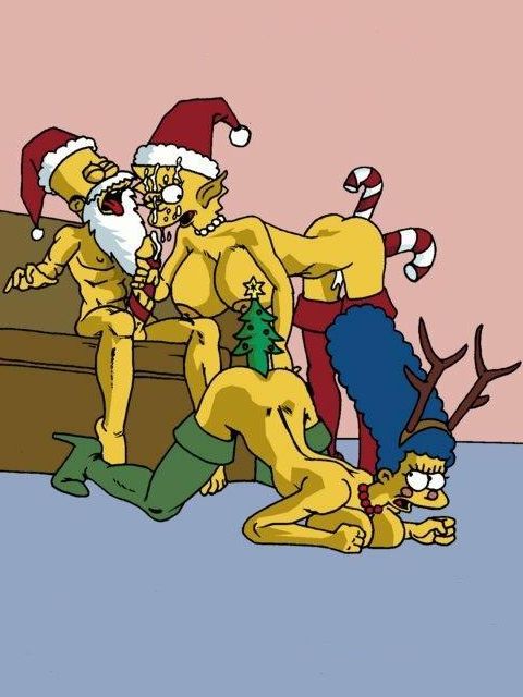 Симпсоны эротика, Симпсоны эротика, рождественский семейный секс Мардж Симпсон с Бартом и Лизой в праздничном наряде и с елкой в анусе  