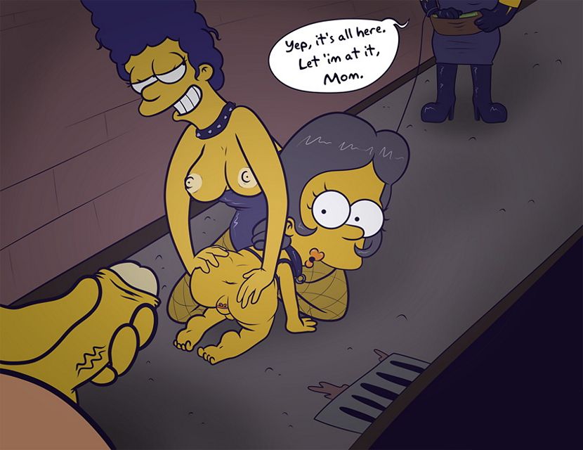 Мардж Симпсон раздвигает ягодицы провинившейся соседки которую Барт водит голышом на поводке а Гомер готовится жестко трахнуть в анус