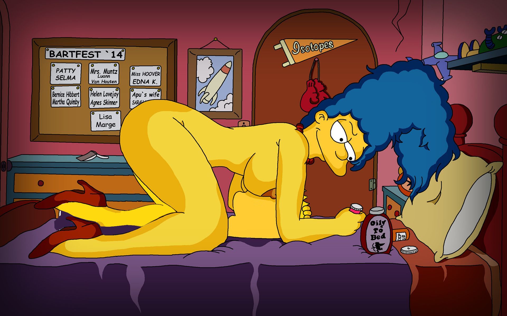 широкоформатные обои с Мардж Симпсон стоящей голышом на четвереньках над лежащим Бартом засунувшем нос между ее больших сисек