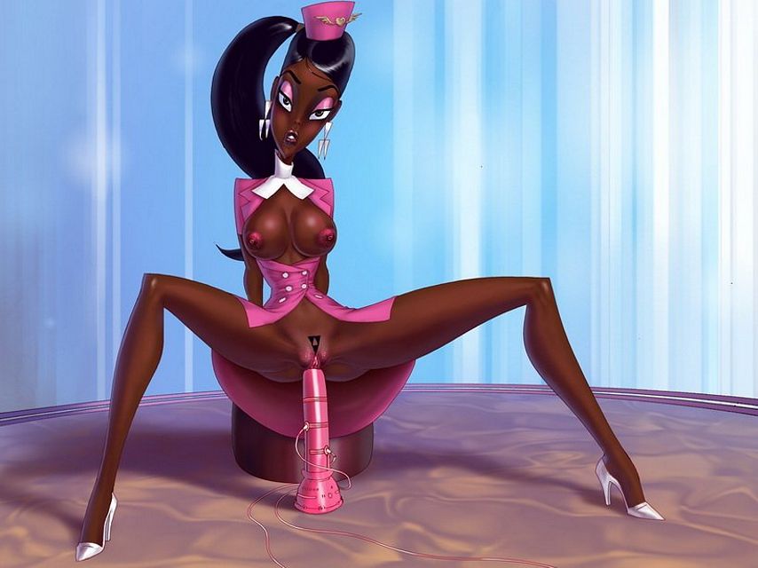 Камелия, негритянка из мультфильма Джет Грув, мастурбирует насаживаясь вагиной на огромный вибратор