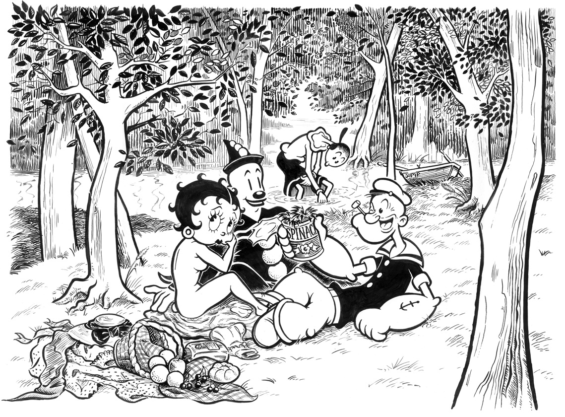 Моряк Попай на пикнике с голыми девушками, пародия на картину О.Ренуара