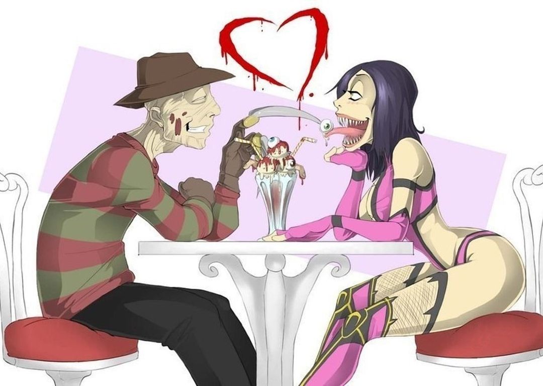 Фредди Крюгер со своей адской подружкой в кафе лакомятся мороженым с человеческими глазами. Кошмар на улице Вязов порно