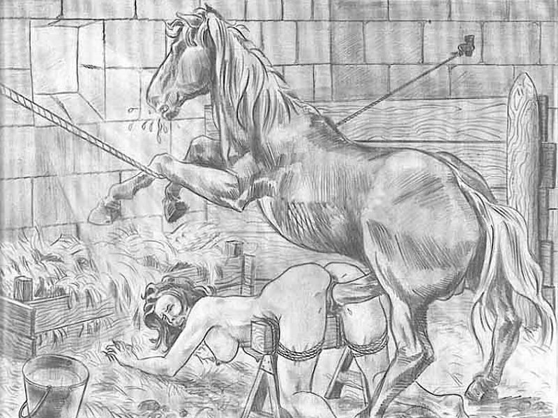 связанную женщину наказывают на конюшне отдав ее для спаривания с большим жеребцом производителем, жестокий секс, эрогуро