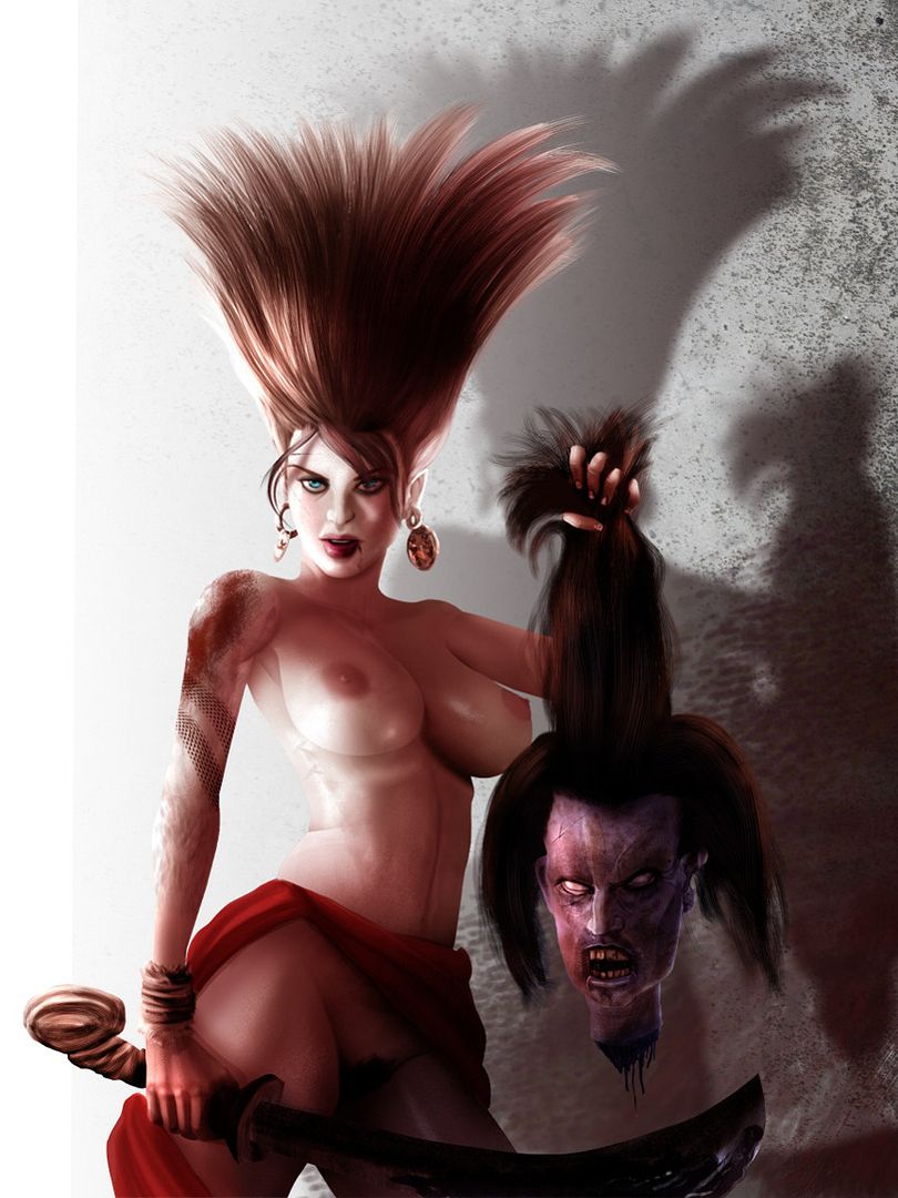 гуро, грудастая женщина-воин топлесс и с мечом в руке держит за волосы отрубленную голову ее обидчика