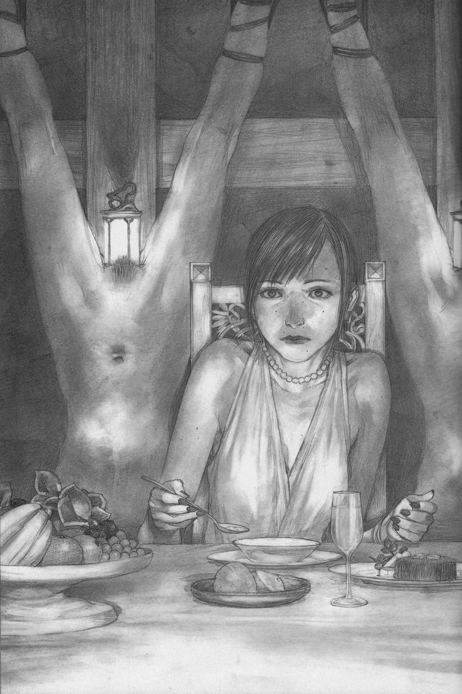 гуро, девушка на светском ужине немного смущена тем, что в качестве канделябров подвешены голые женщины со вставленными в их вагины светильниками