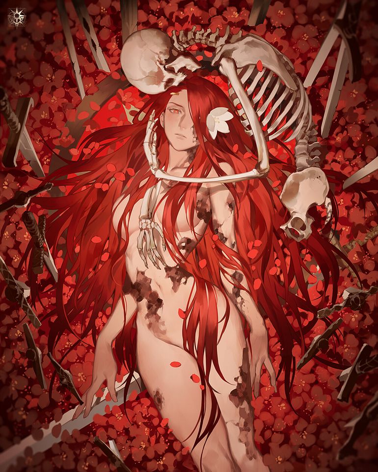 жестокий секс, гуро, голая девушка на ложе из лепестков роз в нежных руках живого скелета