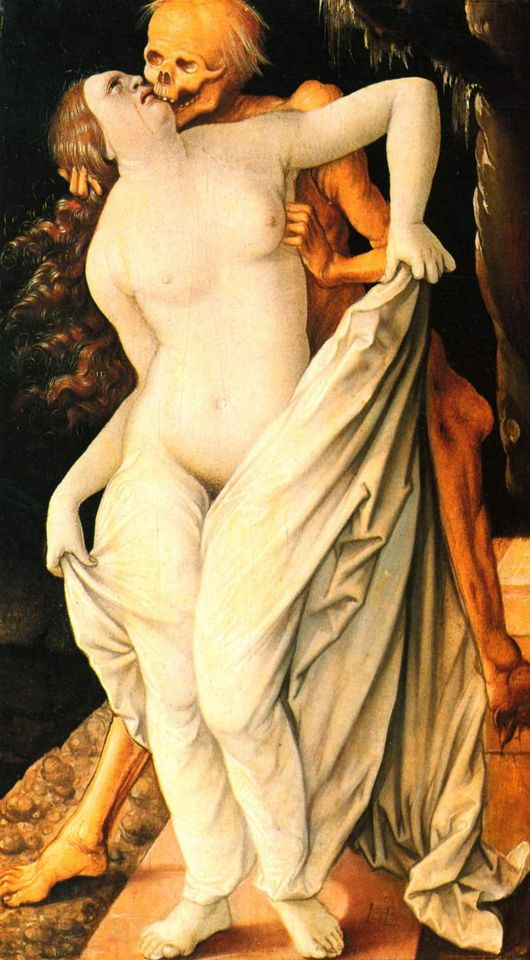 жестокий секс, гуро, поцелуй толстой голой женщины с костлявым зомби на старинной картине