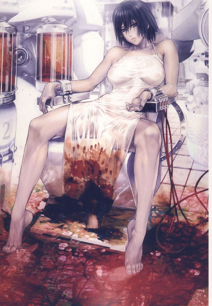 жестокий секс, гуро, девушка в окровавленном белом платье на голое тело прикована к медицинскому креслу и подключена к аппарату переливания крови
