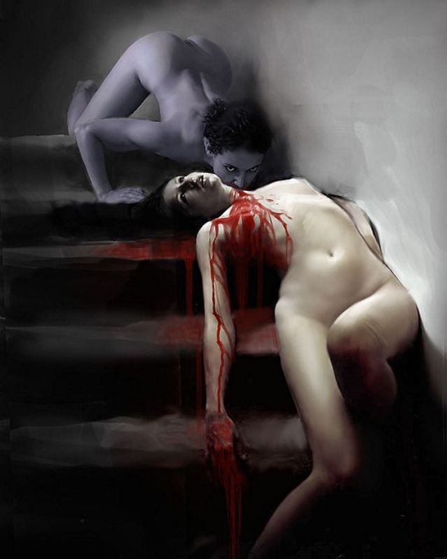 голая девушка вампир на лестнице пьет кровь из шеи своей обнвженной любовницы