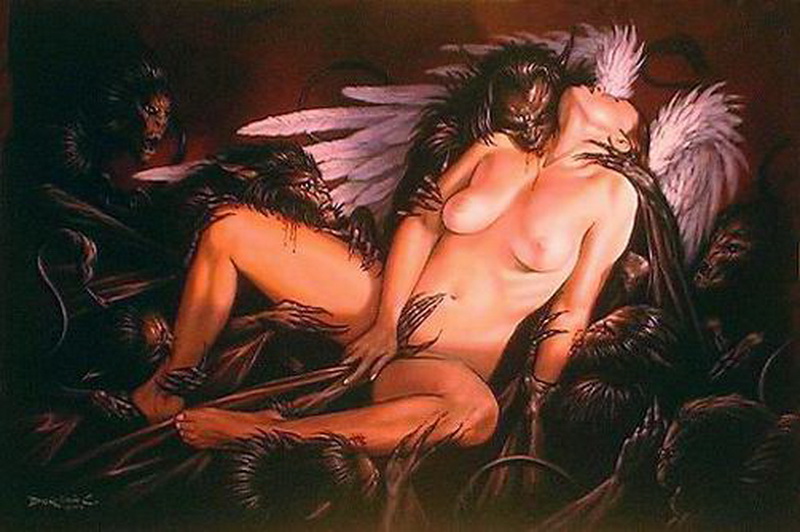 жестокий секс, крылатая девушка-ангел попалась в лапы черным обезьянам