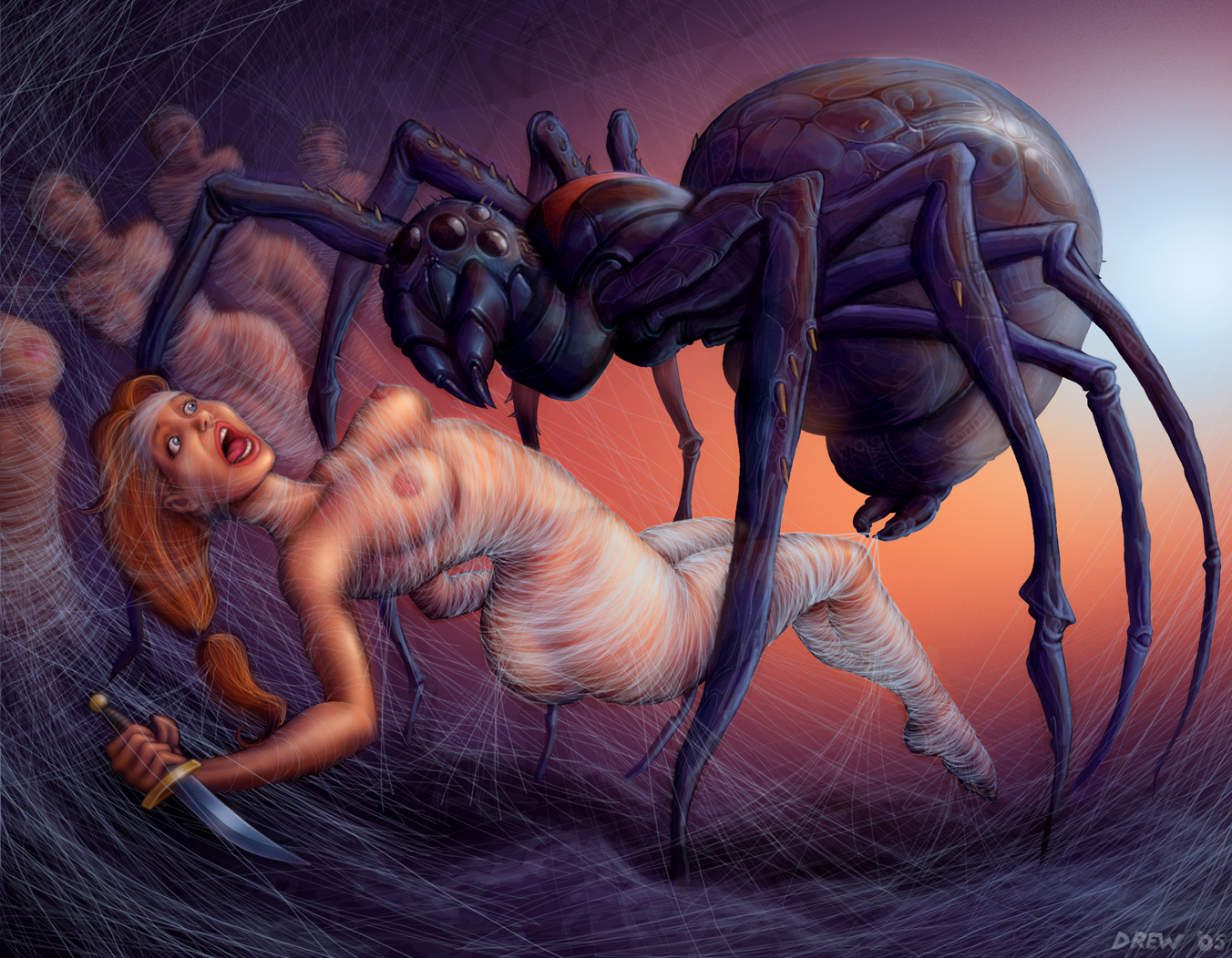 жестокий секс, огромный паук поймал рыжую девушку в свою паутину и готовится впрыснуть свое семя в ее вагину