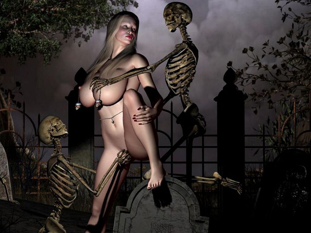 жестокий секс, блондинку с большими сиськами ночью на кладбище трахают два скелета