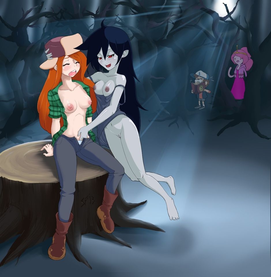встреча в лесу персонажей из мультсериала Гравити Фолз, Венди и Диппера, с вампиром и принцессой из мультфильма 'Время приключений'