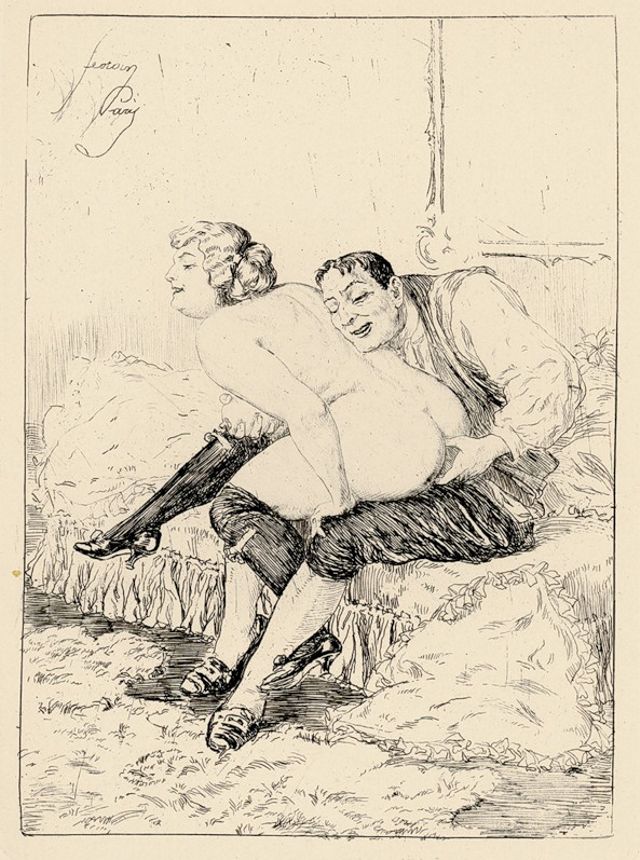 дворецкий засовывает пальцы в толстую попу дамы на его коленях, картинка эротической графики