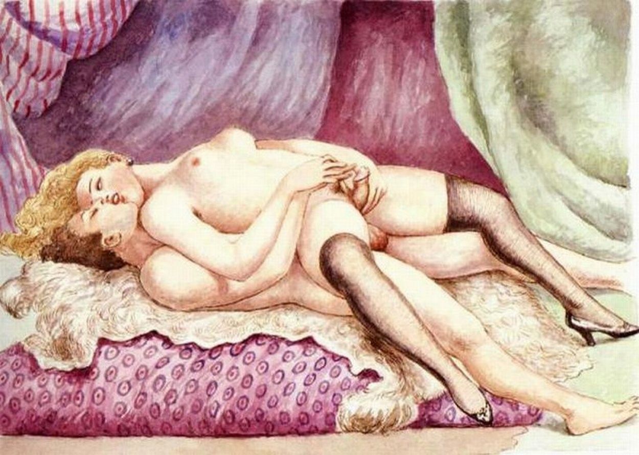 секс в будуаре в позе откинувшейся обратной наездницы, женщина лежит сверху задом на мужчине, картинка эротической графики