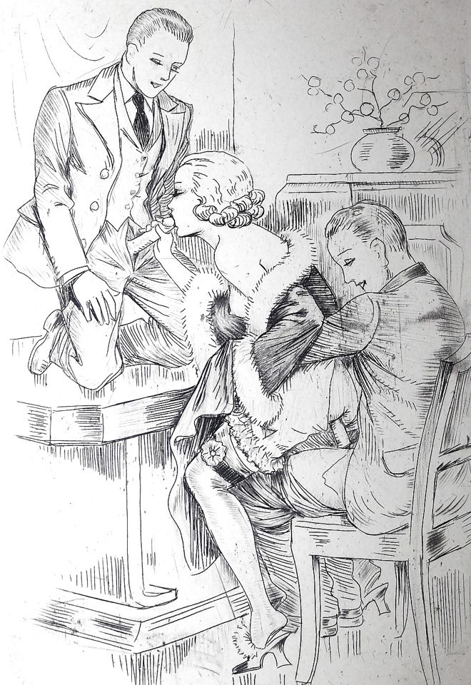 два кавалера и барыщня за рабочим столом в конторе, картинка эротической графики