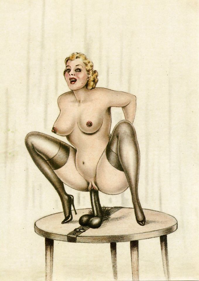грудастая блондинка на столе с фаллоимитатором, картинка эротической графики