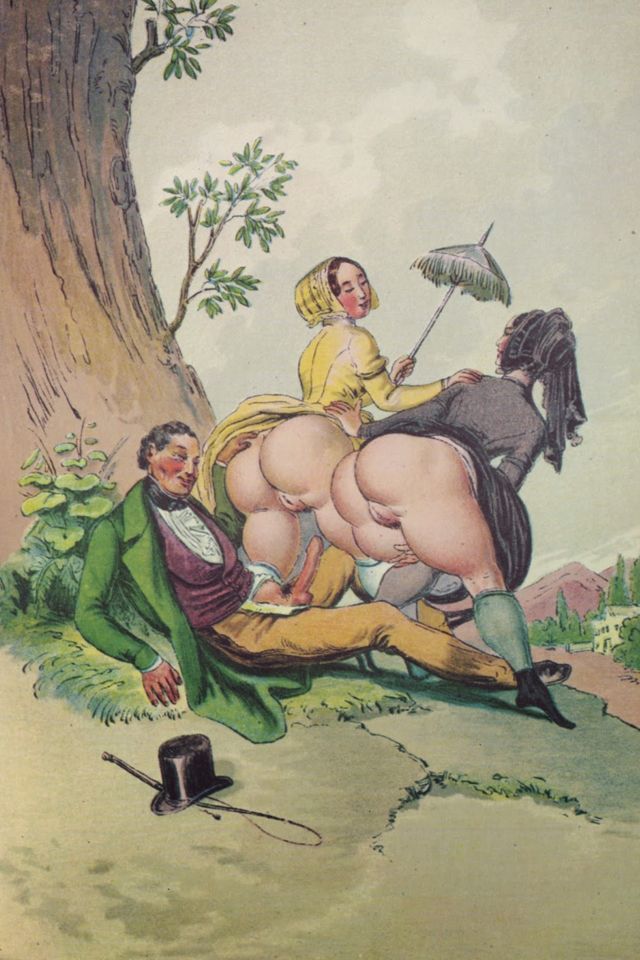 джентельмен и две толстые попы на прогулке, картинка эротической графики