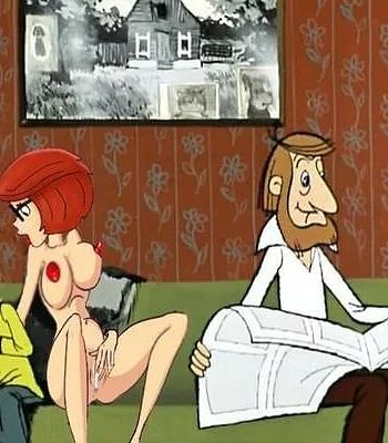 голая мама из Простоквашино мастурбирует сидя на диване возле зачитавшегося мужа, эротический рисунок секса зрелой женщины