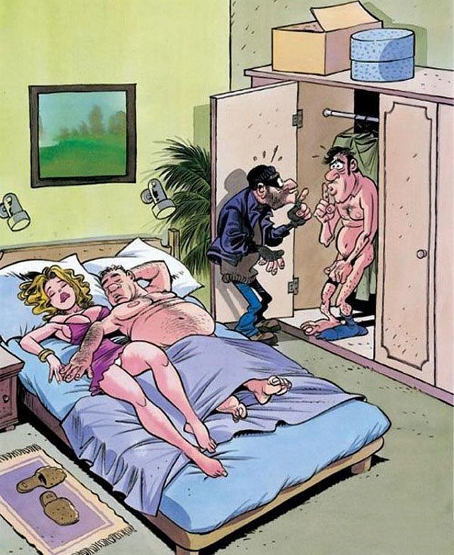 Эротический комикс о ночной встрече квартирного вора и спрятанного в шкафу любовника