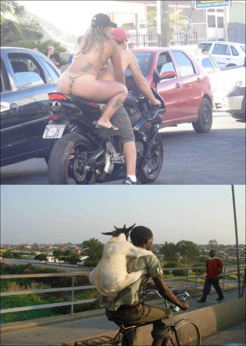 байкерши. голая девушка за спиной мотоциклиста и голая коза на спине негра на велосипеде. прикольный сексуальный комплекс