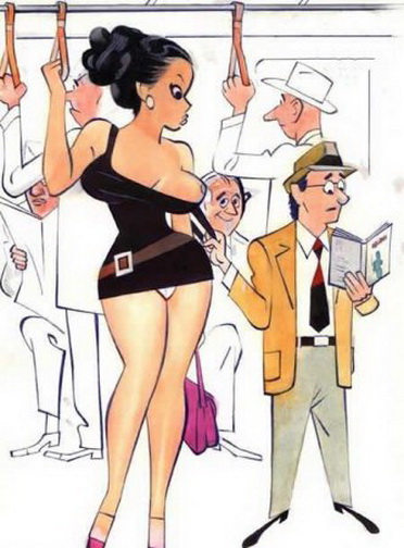 общественный транспорт. мужчина держится за лямки платья женщины вывалив наружу ее грудь. бесплатная прикольная картинка