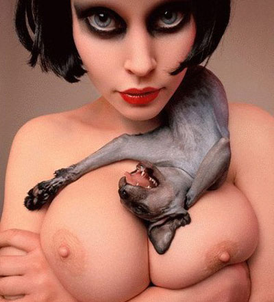 голая девушка с лысой кошкой на своей груди. эротический онлайн прикол