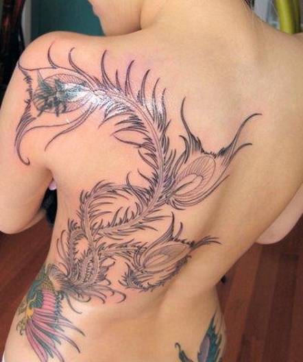 перо жар-птицы на спине девушки, женская татуировка фото