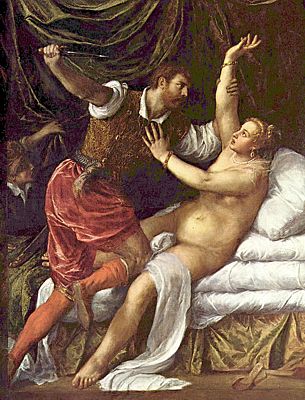 старинная картина с мужчиной нападающим с ножом на голую женщину