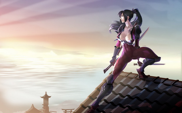 девушка-воин в распахнутой на большой голой груди рубахе стоит на крыше здания, аниме девушка