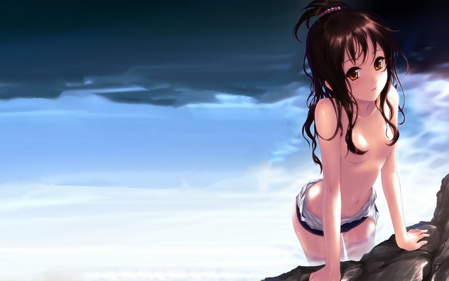 брюнетка на аниме картинке топлесс выныривает из воды, аниме девушка