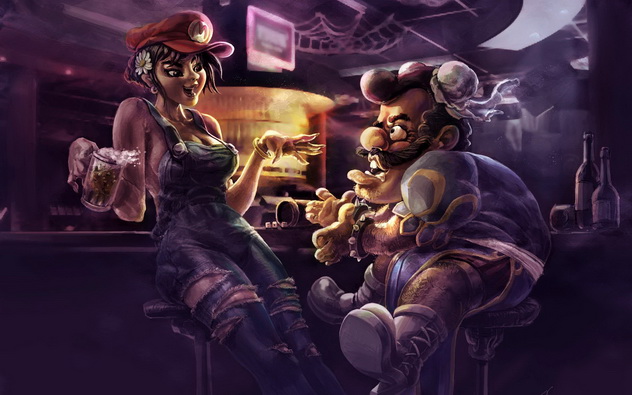 персонажи игры СуперМарио беседуют в пивном баре, аниме девушка