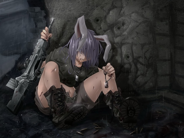 девушка неко кролик со штурмовой винтовкой сидит после боя у стены, аниме девушка