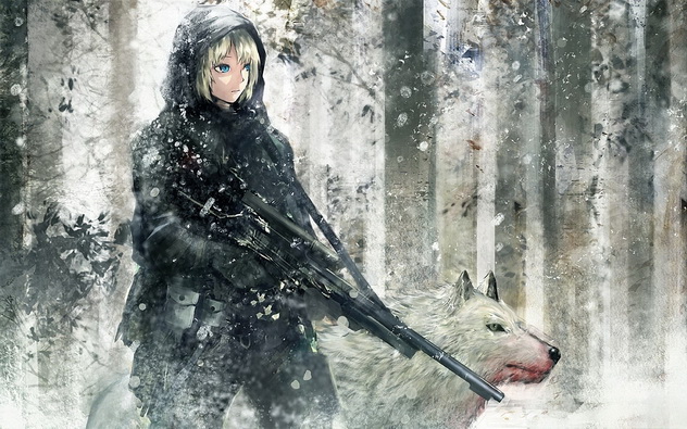 картинка аниме с волком и девушкой с винтовкой, аниме девушка