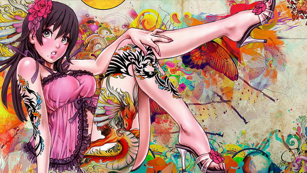 девушка из аниме с татуированным драконом на бедре и голой попе, аниме девушка
