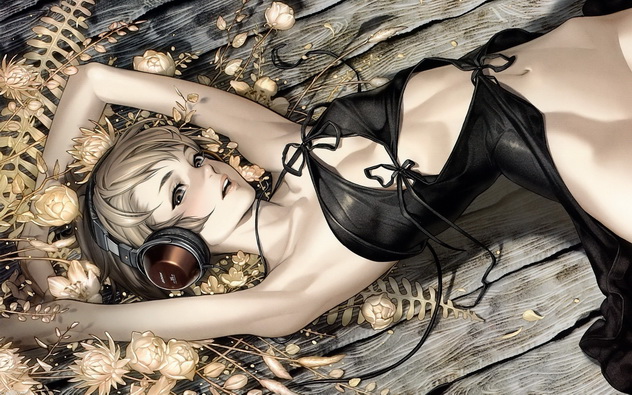 красивая девушка аниме лежит в черном вечернем платье среди букета цветов, аниме девушка