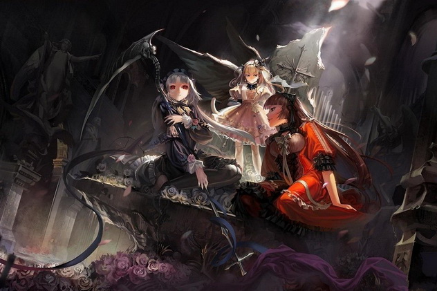 три молоденьких колдуньи на заброшенном кладбище, картинка аниме девушки