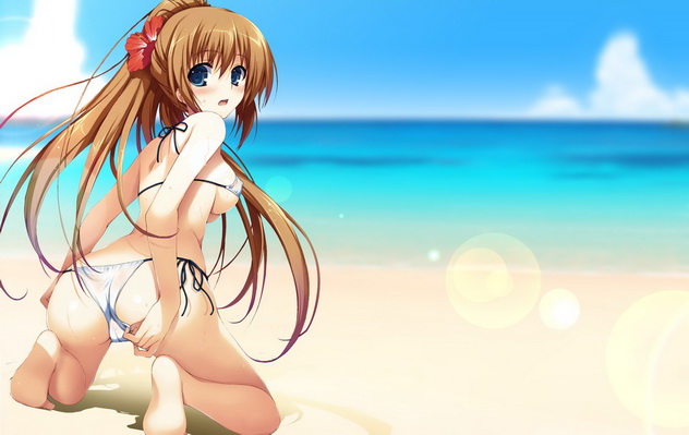 девушка в открытом купальнике на песчаном пляже, романтика аниме