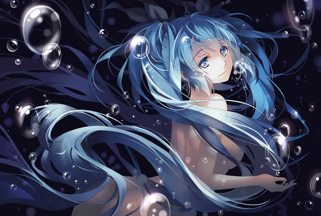 подводные пузырики вокруг синеволосой чародейки, романтика аниме