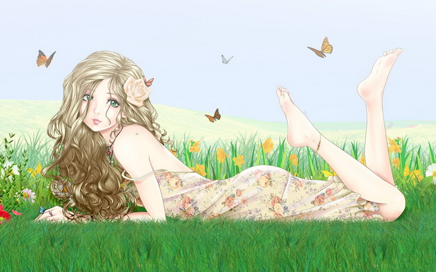 милая девушка на лужайке с чайной розой в волосах, аниме ангелы и демоны