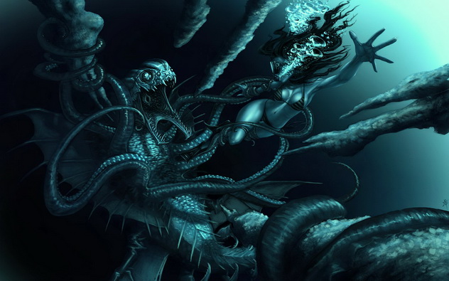крылатый подводный монстр схватил ныряльщицу в маске, аниме ангелы и демоны