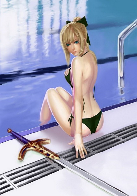 полуголая девушка с мечом на краю бассейна, голые аниме