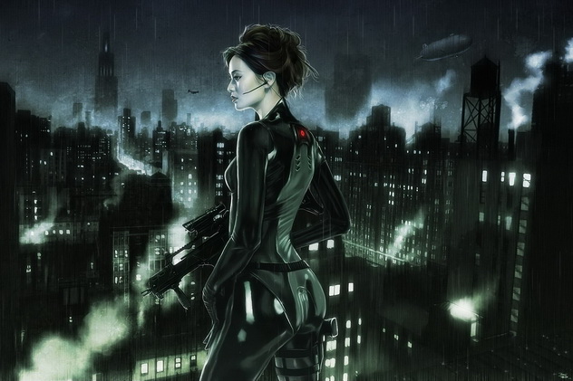 женщина в боевом костюме и автоматом в руках наблюдает с крыши за спящим мегаполисом, фэнтези картинка