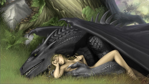 обнаженная девушка спит в лапах черного дракона, фэнтези картинка