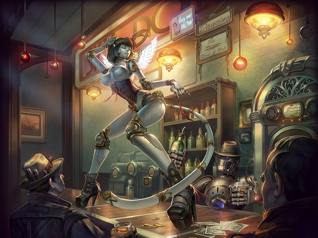 девушка-андроид неко с хвостом танцует на барной стойке, фэнтези картинка